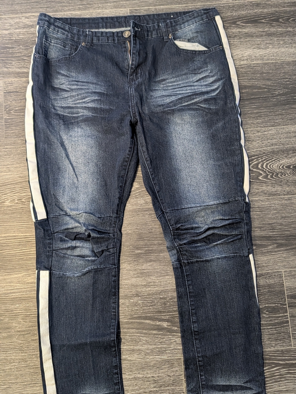 Men's Dark Blue Slim Straight Jeans with White Side Stripes